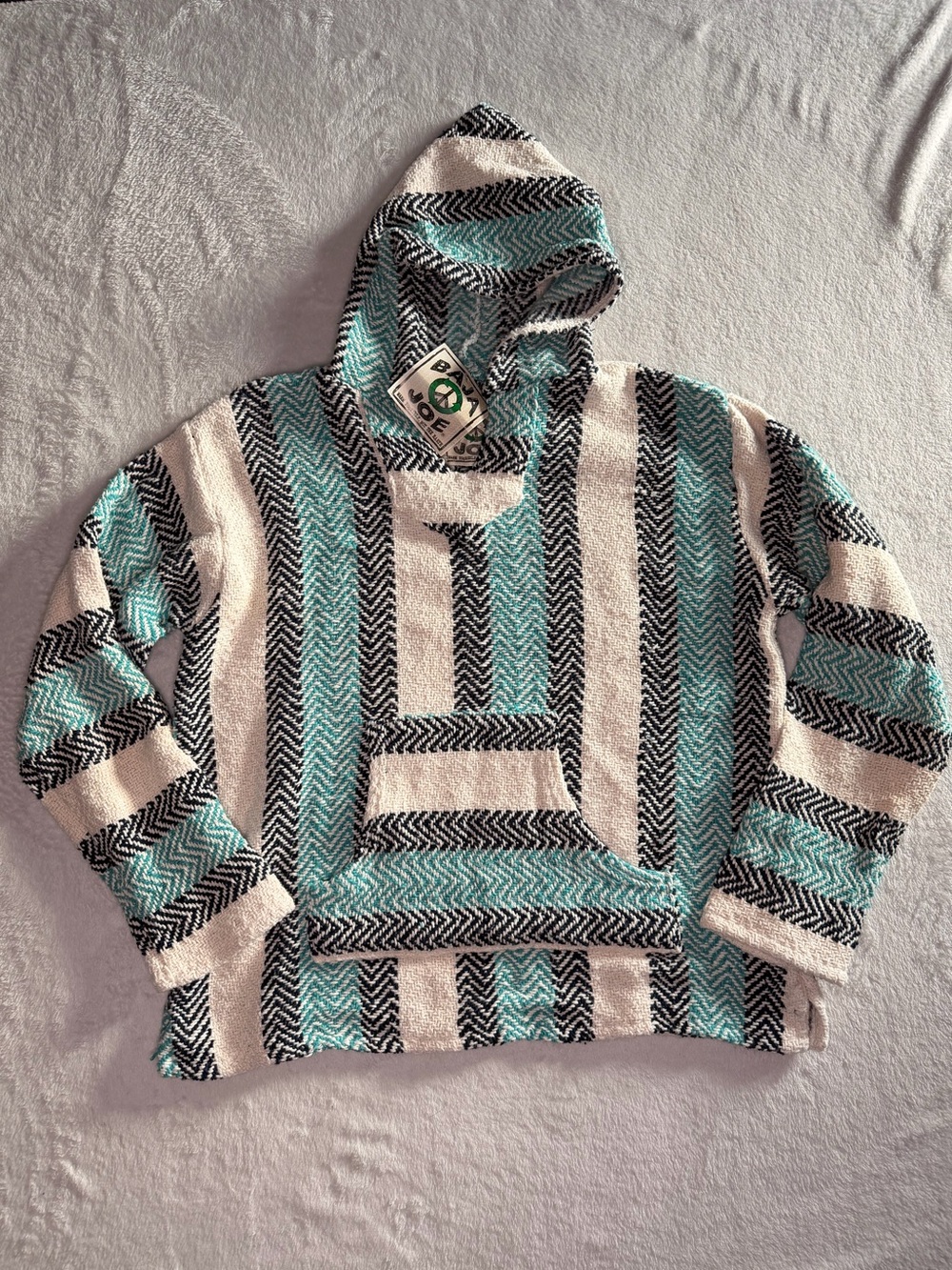 Striped Hooded Baja Hoodie in Cream & Teal